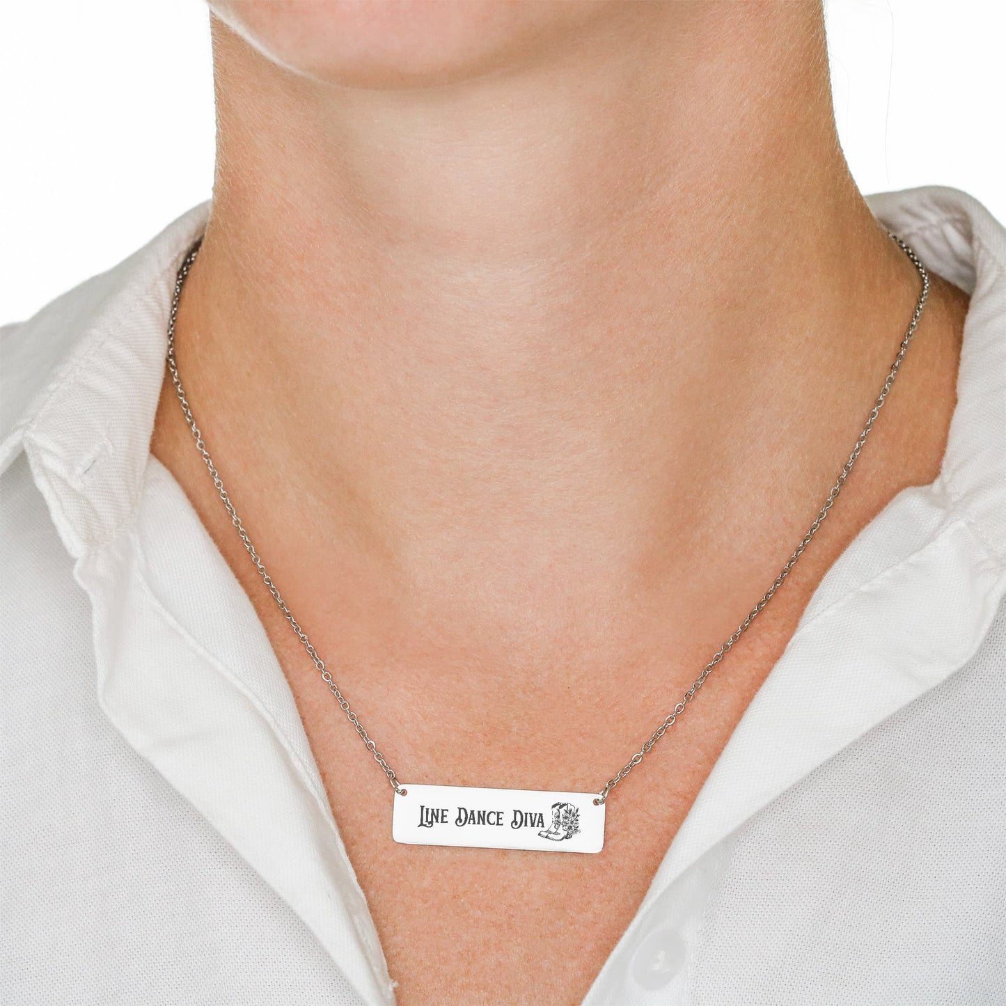 Line Dance Diva Horizontal Bar Necklace – Personalized Gift with Cowboy Boots & Flowers, Custom Engraving on Back