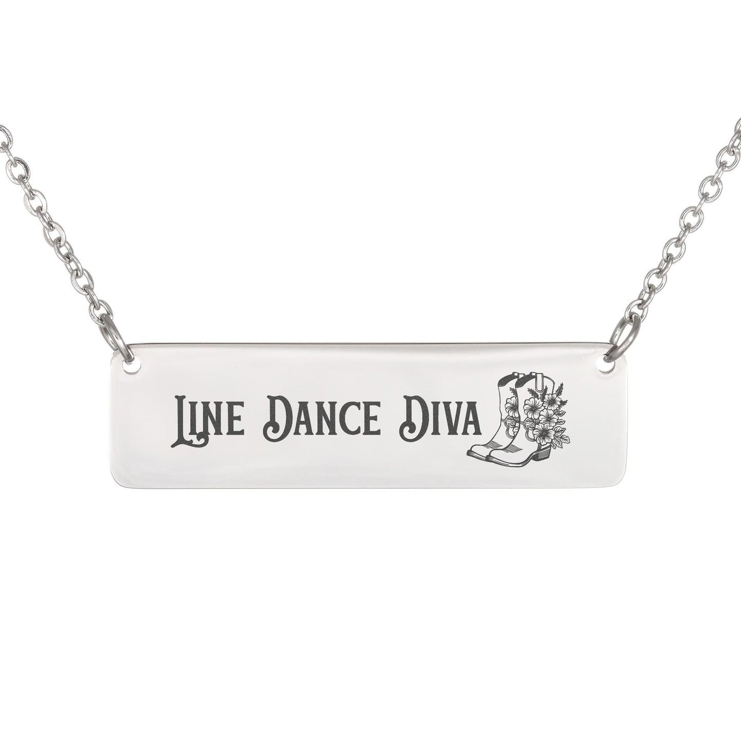 Line Dance Diva Horizontal Bar Necklace – Personalized Gift with Cowboy Boots & Flowers, Custom Engraving on Back