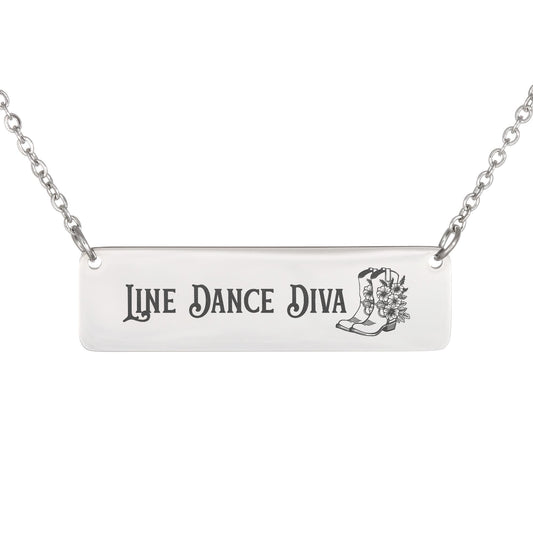 Line Dance Diva Horizontal Bar Necklace – Personalized Gift with Cowboy Boots & Flowers, Custom Engraving on Back
