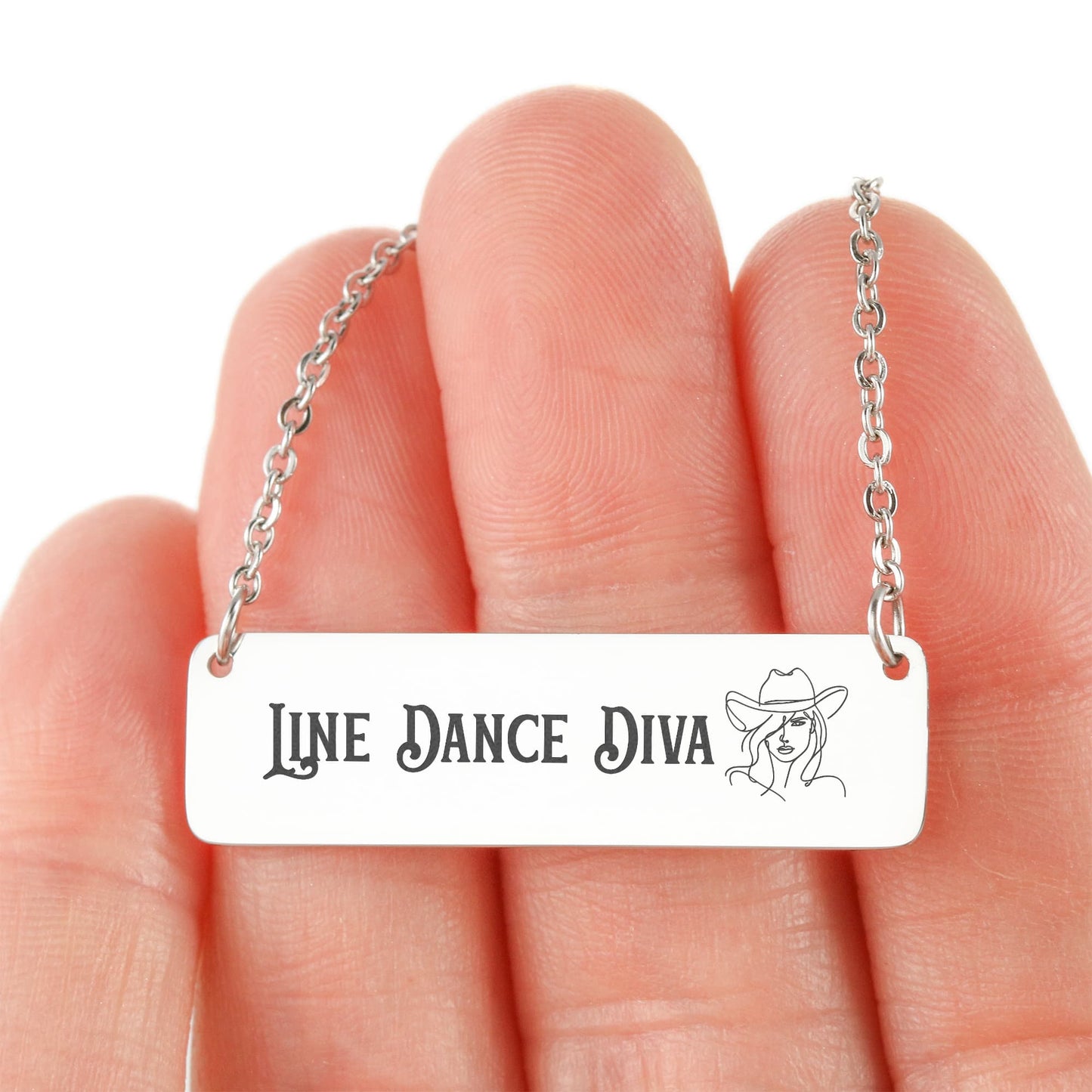 Line Dance Diva Horizontal Bar Necklace – Personalized Gift for Country Dancers, Custom Engraving on Back