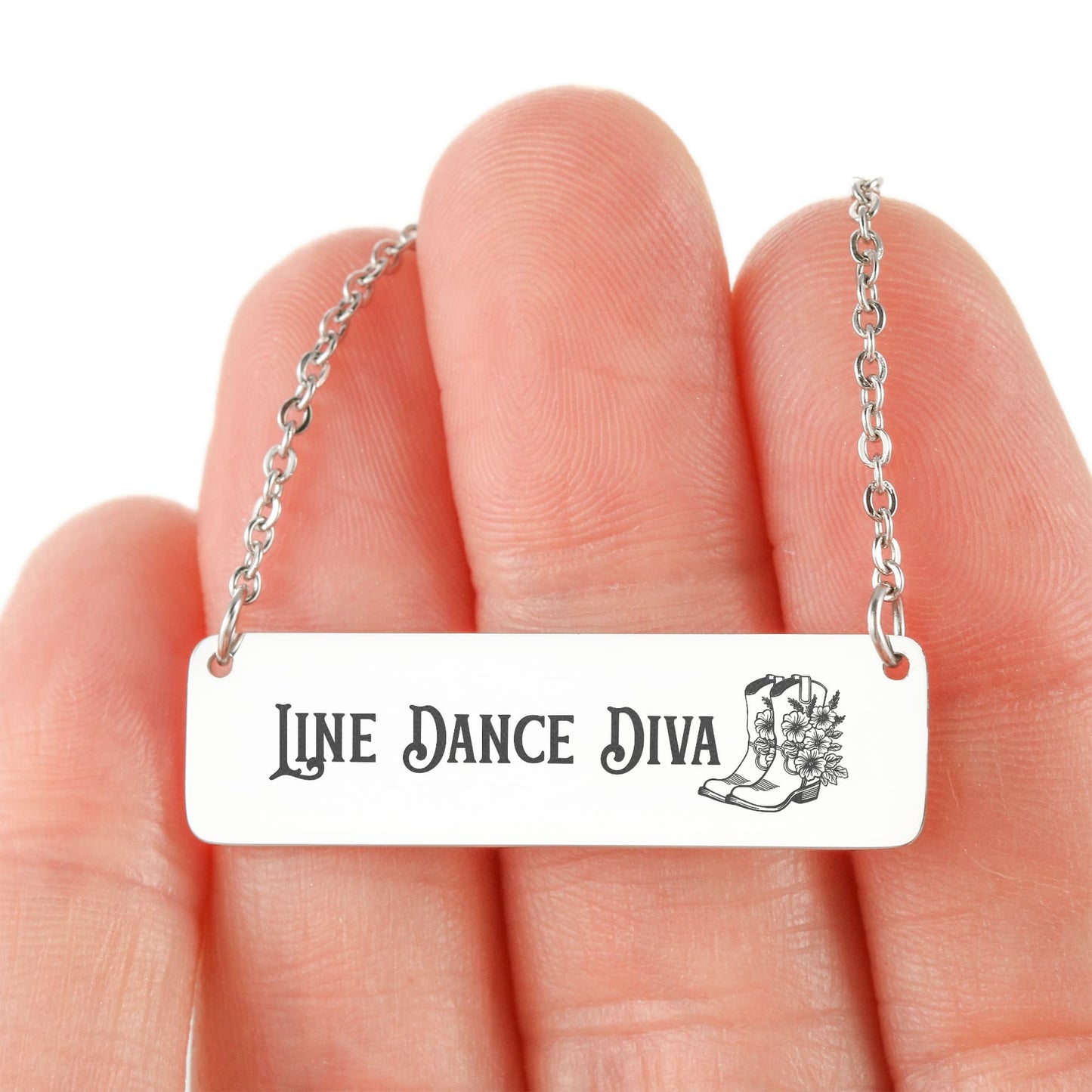 Line Dance Diva Horizontal Bar Necklace – Personalized Gift with Cowboy Boots & Flowers, Custom Engraving on Back