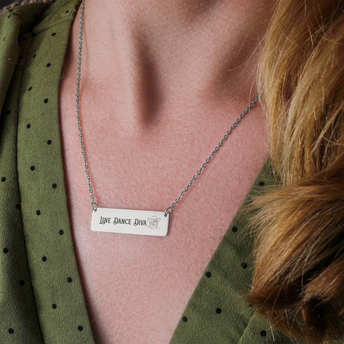 Line Dance Diva Horizontal Bar Necklace – Personalized Gift for Country Dancers, Custom Engraving on Back