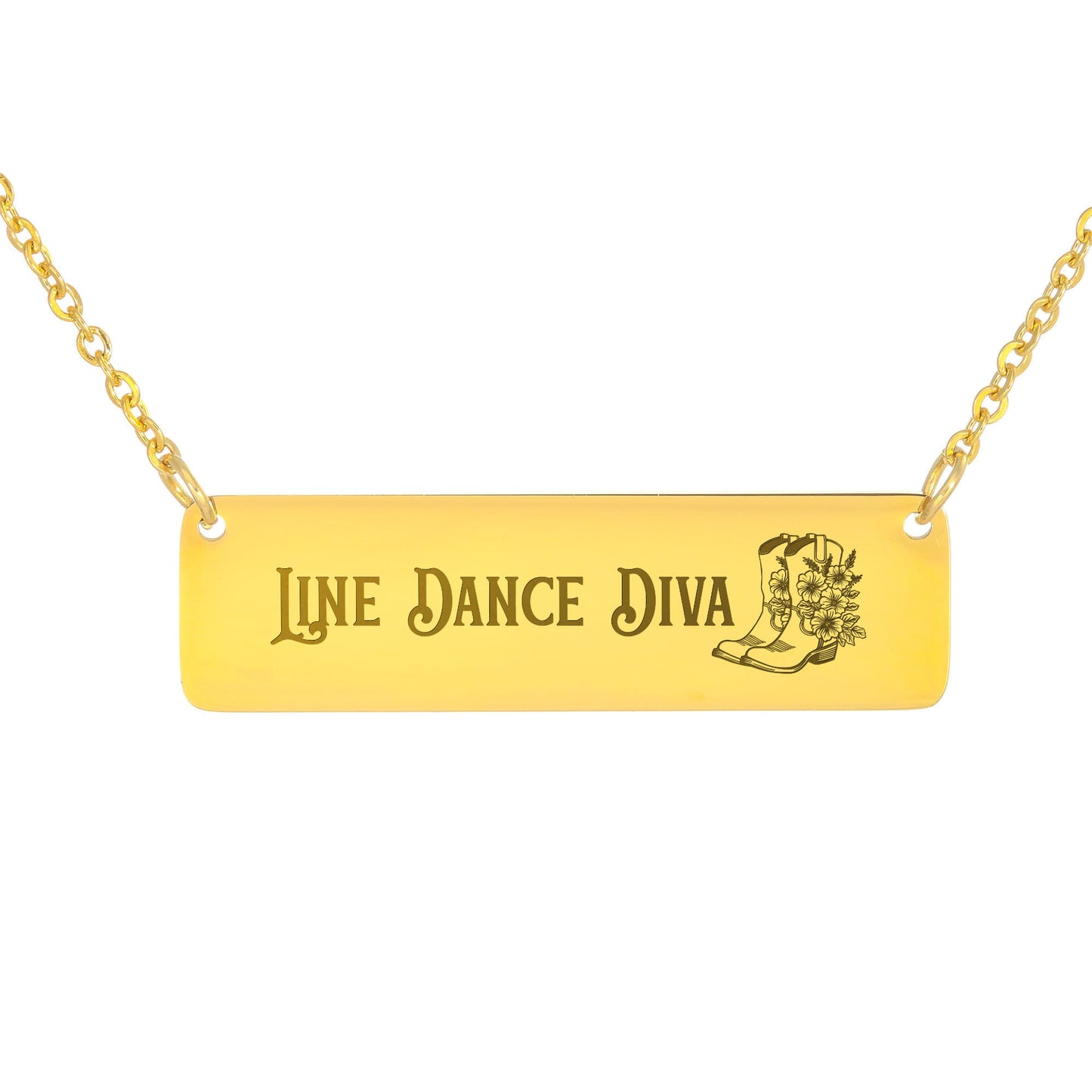 Line Dance Diva Horizontal Bar Necklace – Personalized Gift with Cowboy Boots & Flowers, Custom Engraving on Back