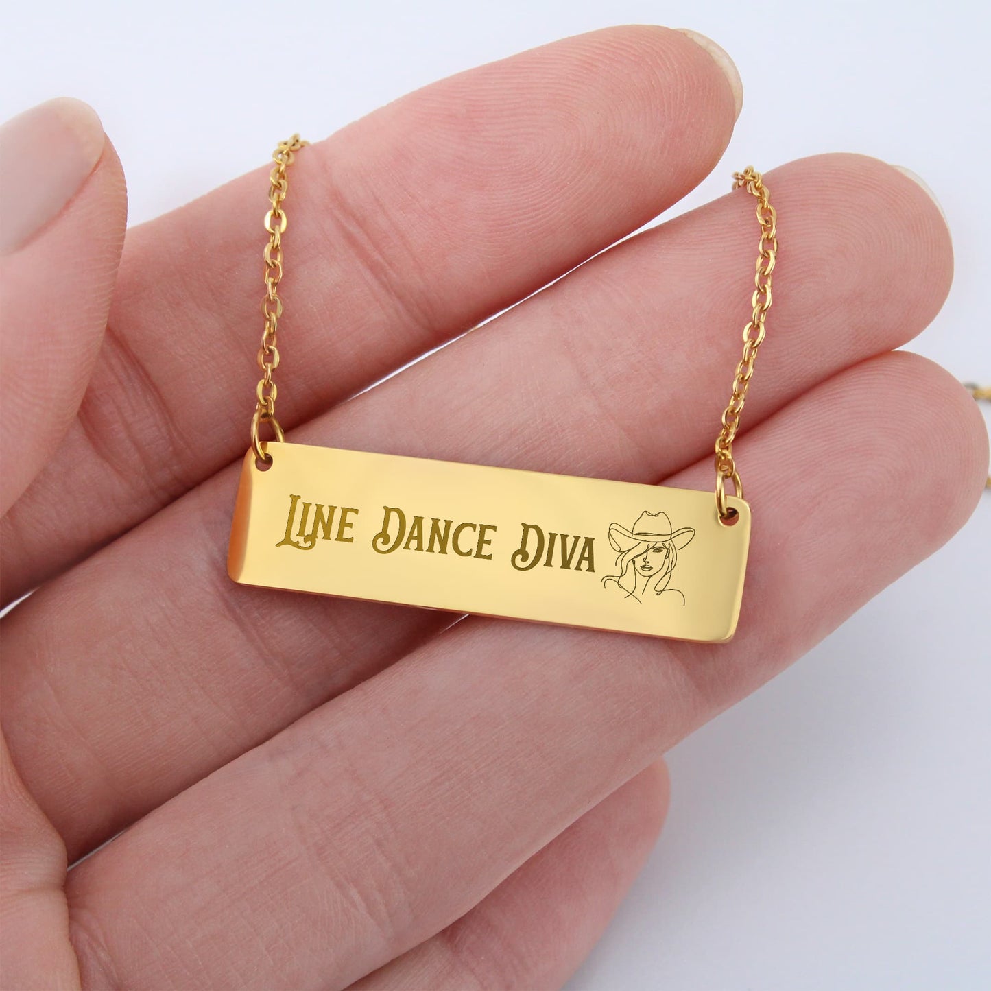 Line Dance Diva Horizontal Bar Necklace – Personalized Gift for Country Dancers, Custom Engraving on Back