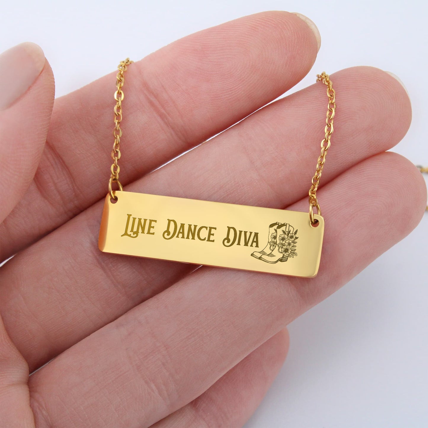 Line Dance Diva Horizontal Bar Necklace – Personalized Gift with Cowboy Boots & Flowers, Custom Engraving on Back