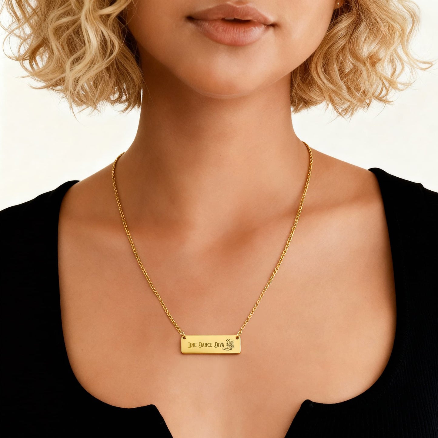 Line Dance Diva Horizontal Bar Necklace – Personalized Gift with Cowboy Boots & Flowers, Custom Engraving on Back