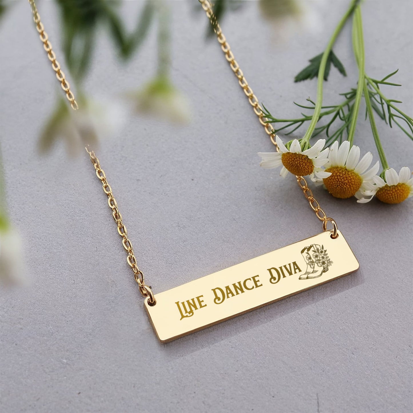 Line Dance Diva Horizontal Bar Necklace – Personalized Gift with Cowboy Boots & Flowers, Custom Engraving on Back