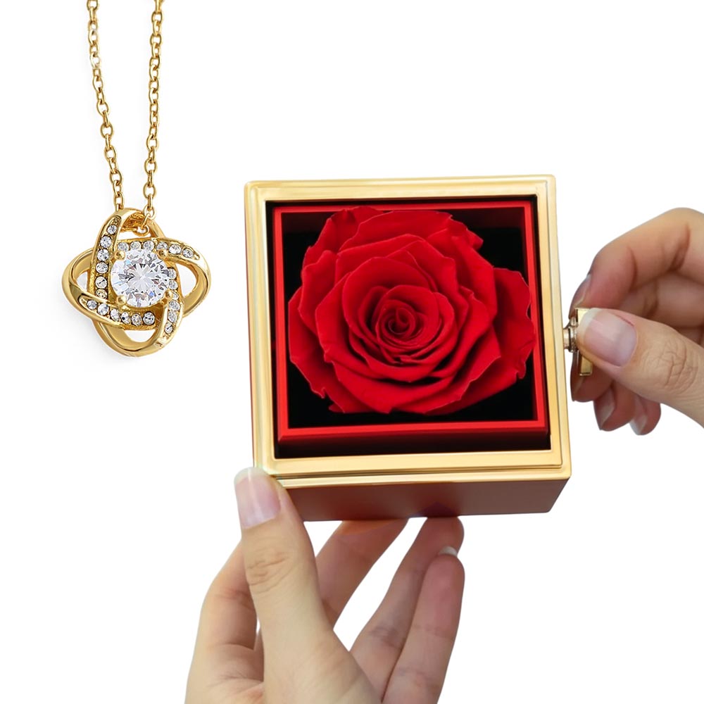 Love Knot Necklace with Rotating Rose Gift Box – Symbol of Eternal Love & Elegant Surprise for Her