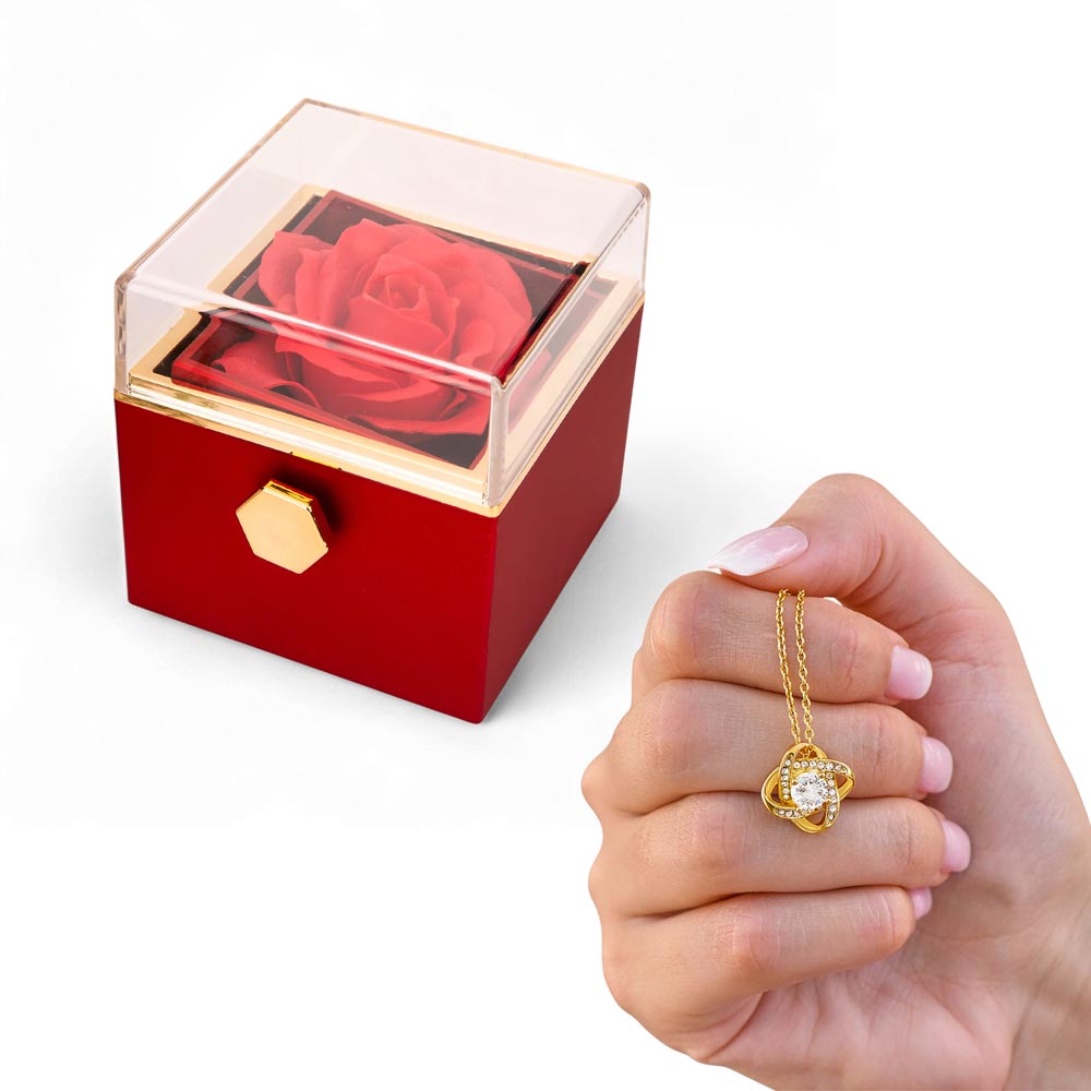 Love Knot Necklace with Rotating Rose Gift Box – Symbol of Eternal Love & Elegant Surprise for Her