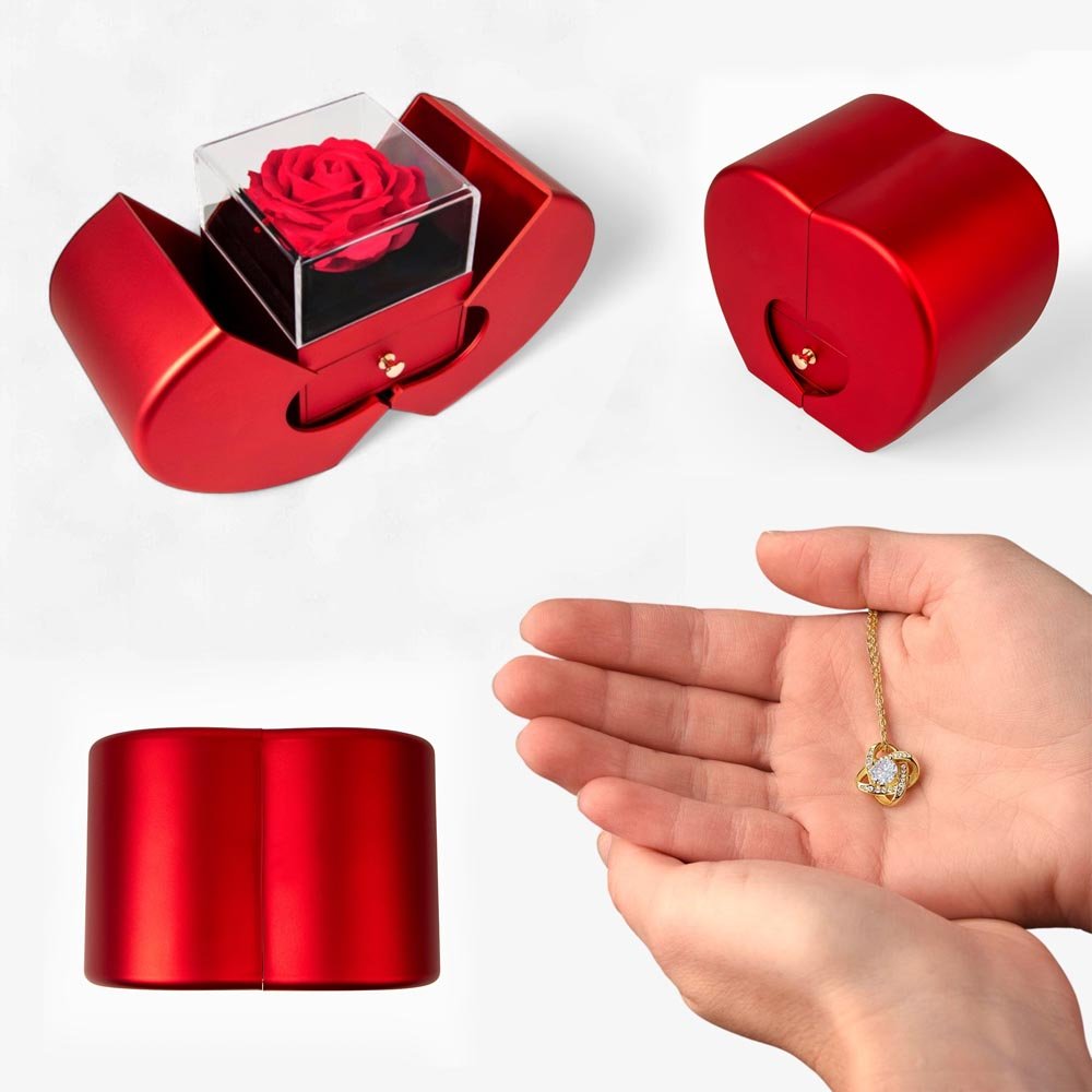 Love Knot Necklace with Red Heart & Rose Gift Box – Elegant Romantic Gift for Her - Versatile Zing