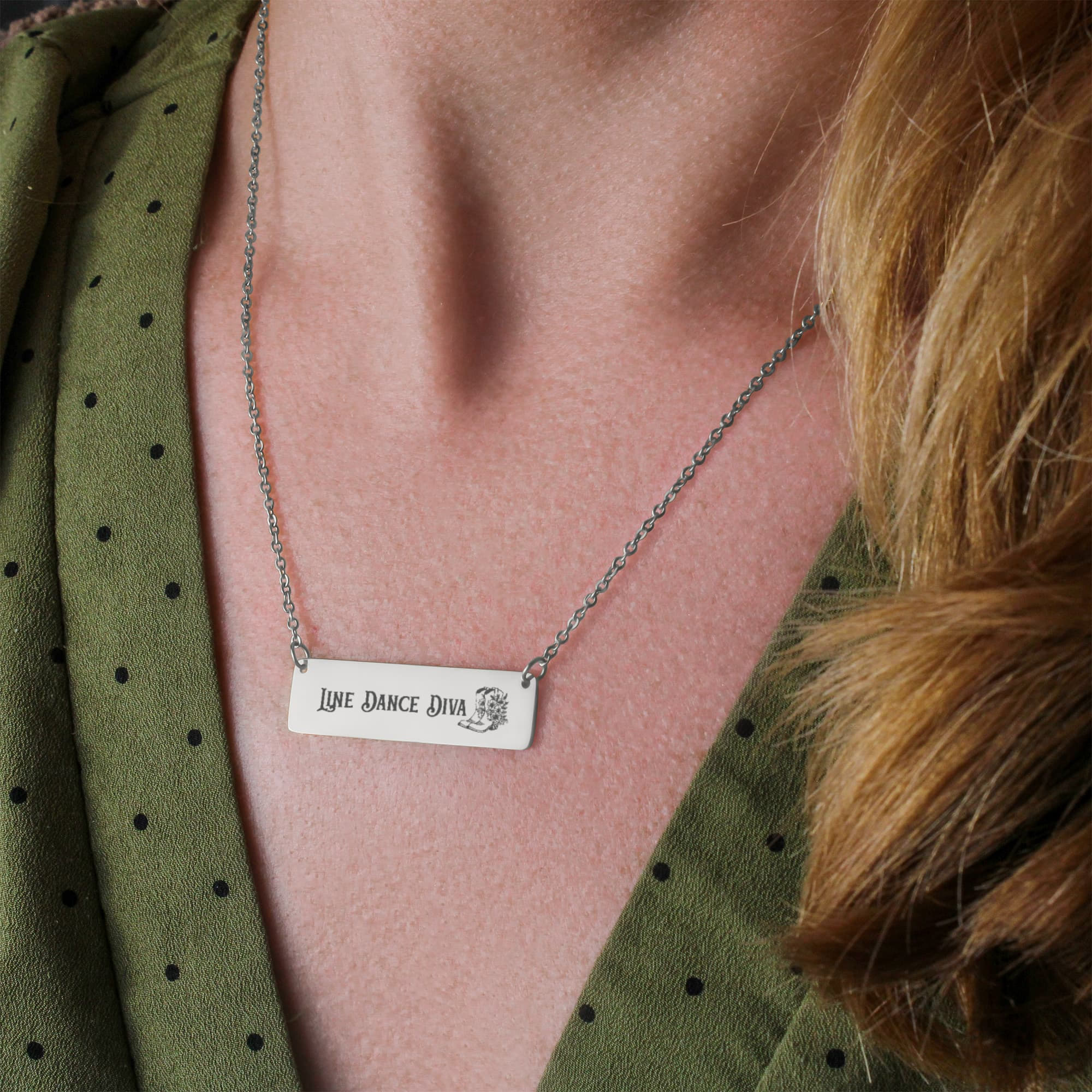 Line Dance Diva Horizontal Bar Necklace – Personalized Gift with Cowboy Boots & Flowers, Custom Engraving on Back - Versatile Zing