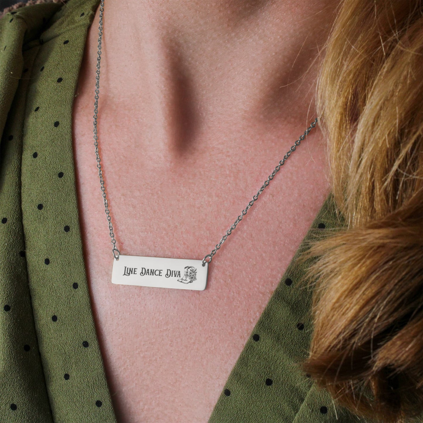 Line Dance Diva Horizontal Bar Necklace – Personalized Gift with Cowboy Boots & Flowers, Custom Engraving on Back