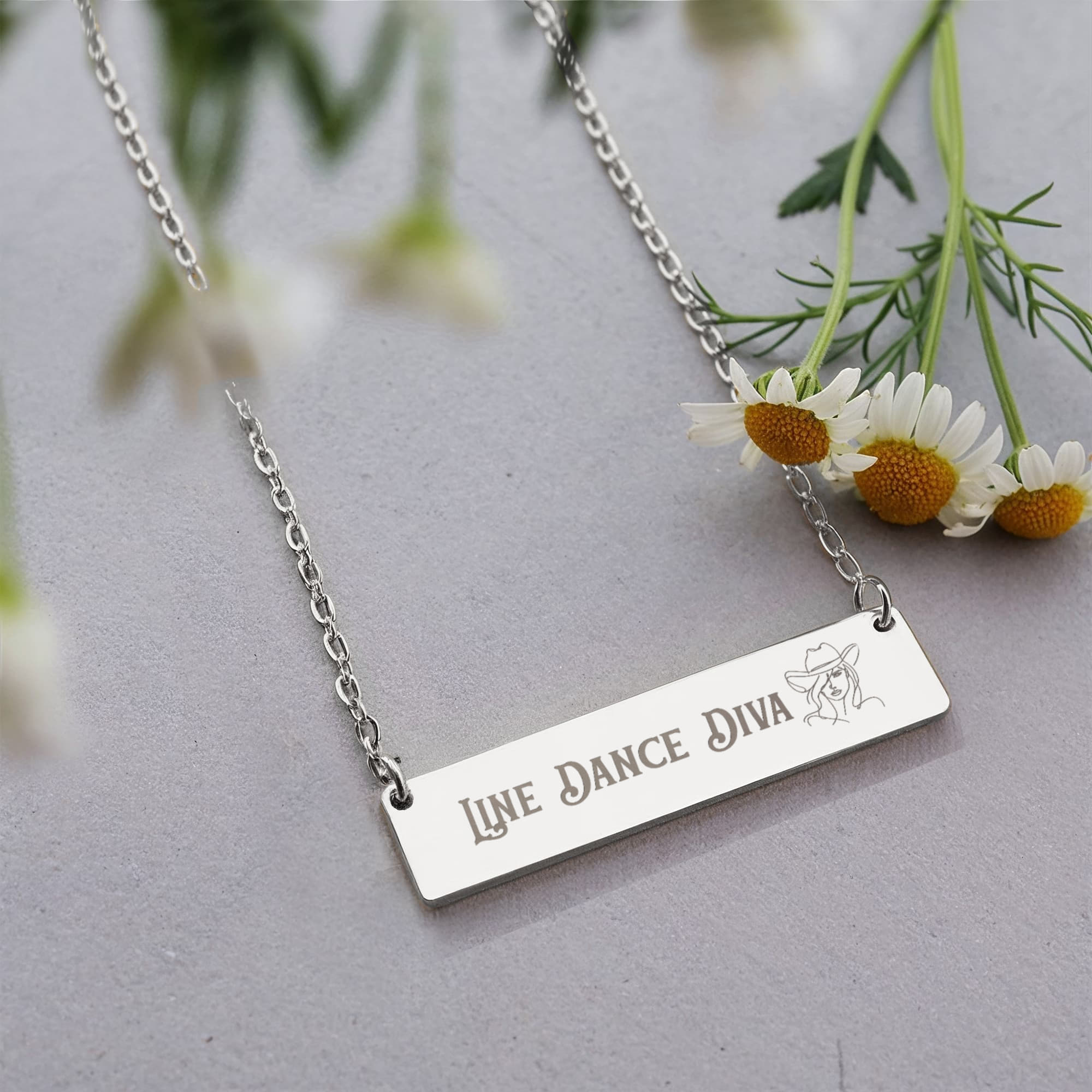 Line Dance Diva Horizontal Bar Necklace – Personalized Gift for Country Dancers, Custom Engraving on Back - Versatile Zing