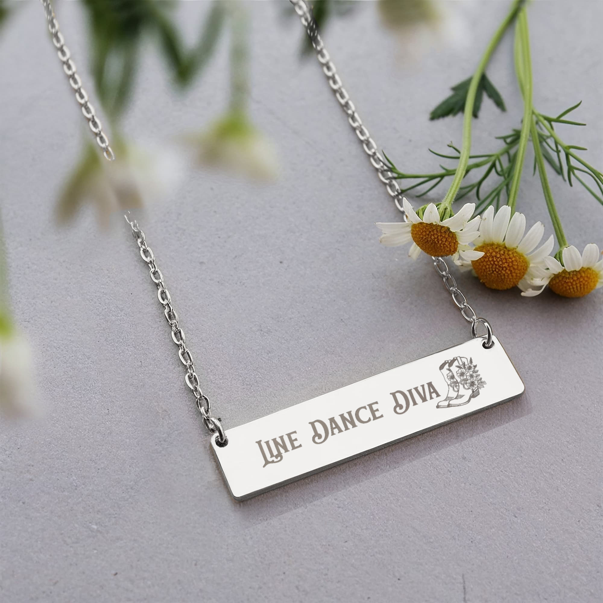 Line Dance Diva Horizontal Bar Necklace – Personalized Gift with Cowboy Boots & Flowers, Custom Engraving on Back - Versatile Zing