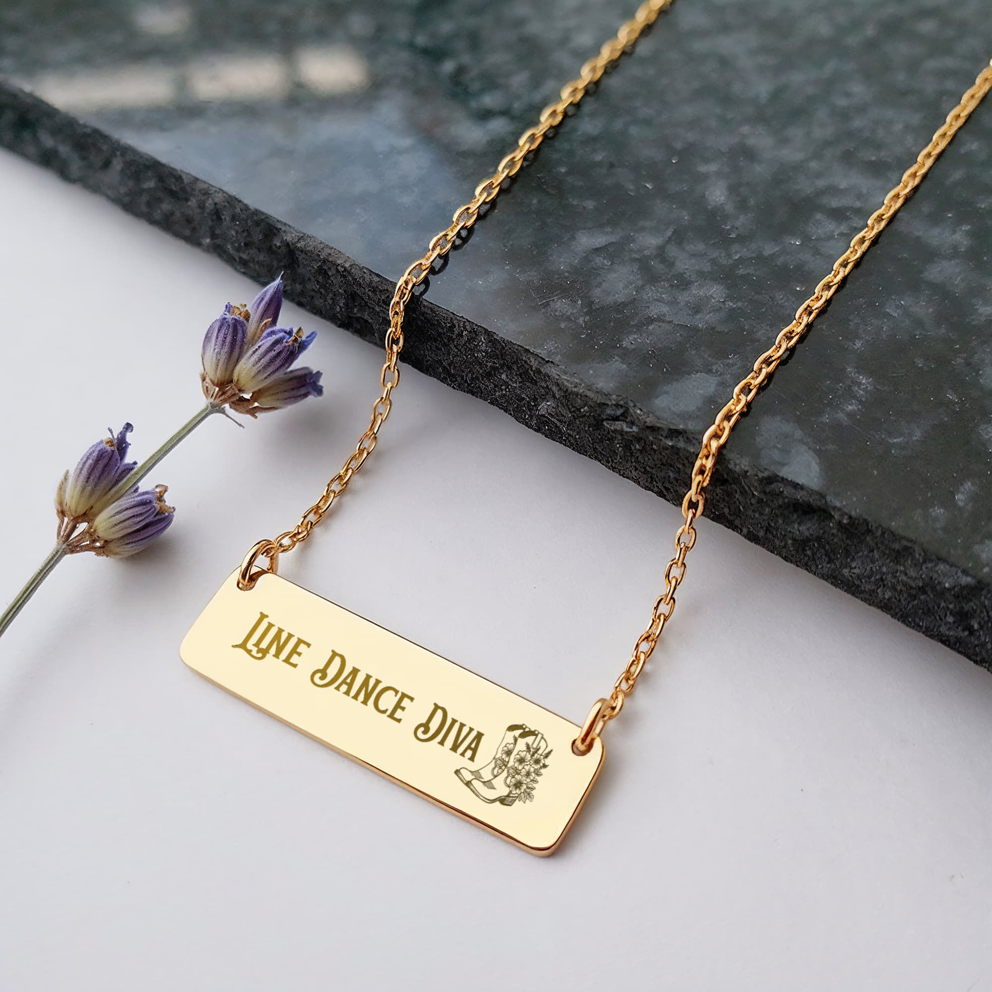 Line Dance Diva Horizontal Bar Necklace – Personalized Gift with Cowboy Boots & Flowers, Custom Engraving on Back - Versatile Zing