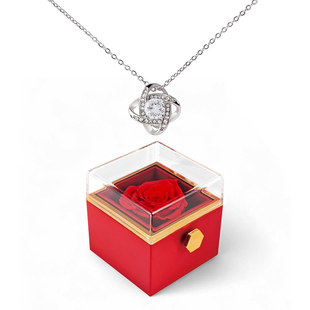 Love Knot Necklace with Rotating Rose Gift Box – Symbol of Eternal Love & Elegant Surprise for Her