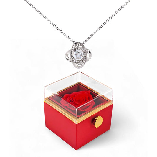 Love Knot Necklace with Rotating Rose Gift Box – Symbol of Eternal Love & Elegant Surprise for Her
