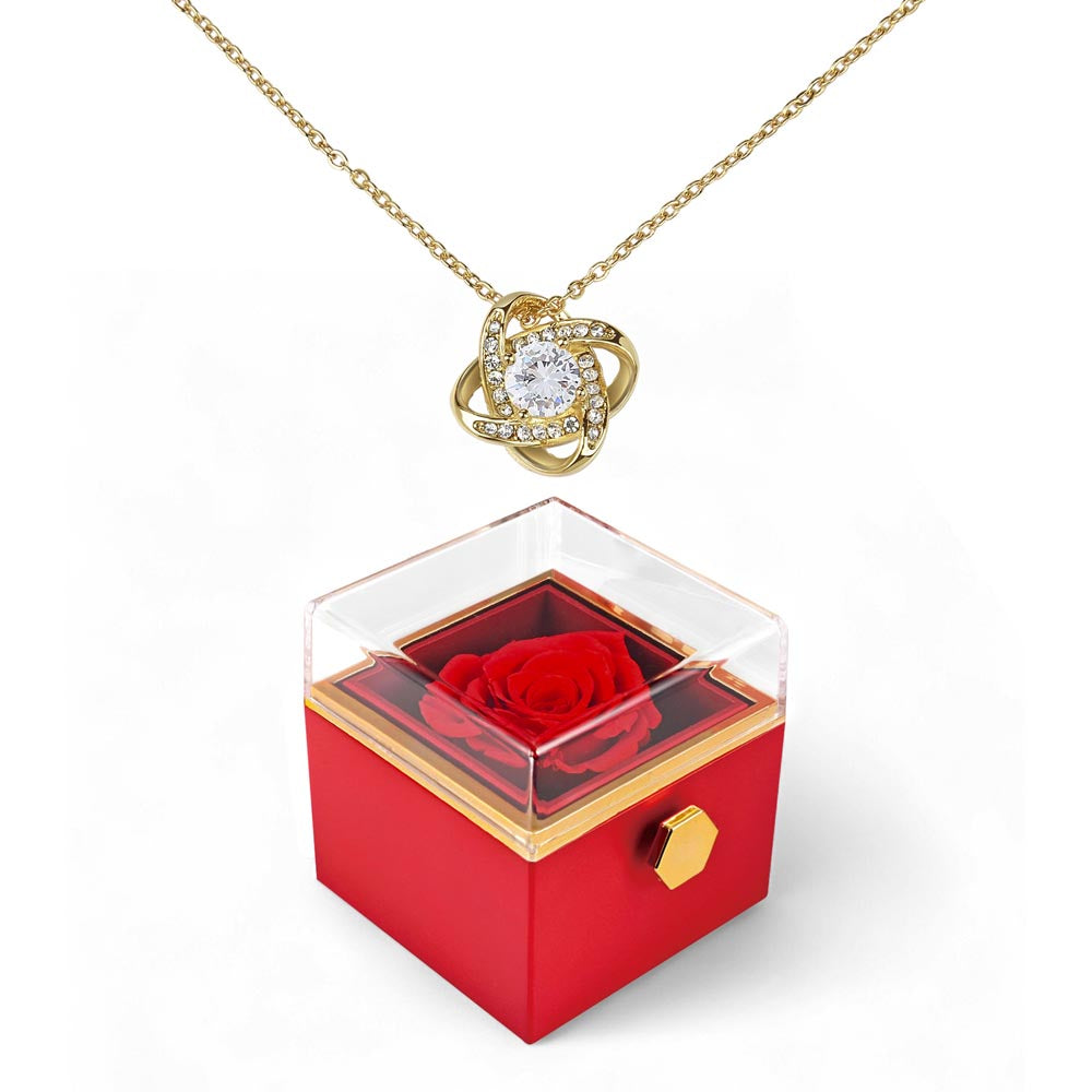 Love Knot Necklace with Rotating Rose Gift Box – Symbol of Eternal Love & Elegant Surprise for Her