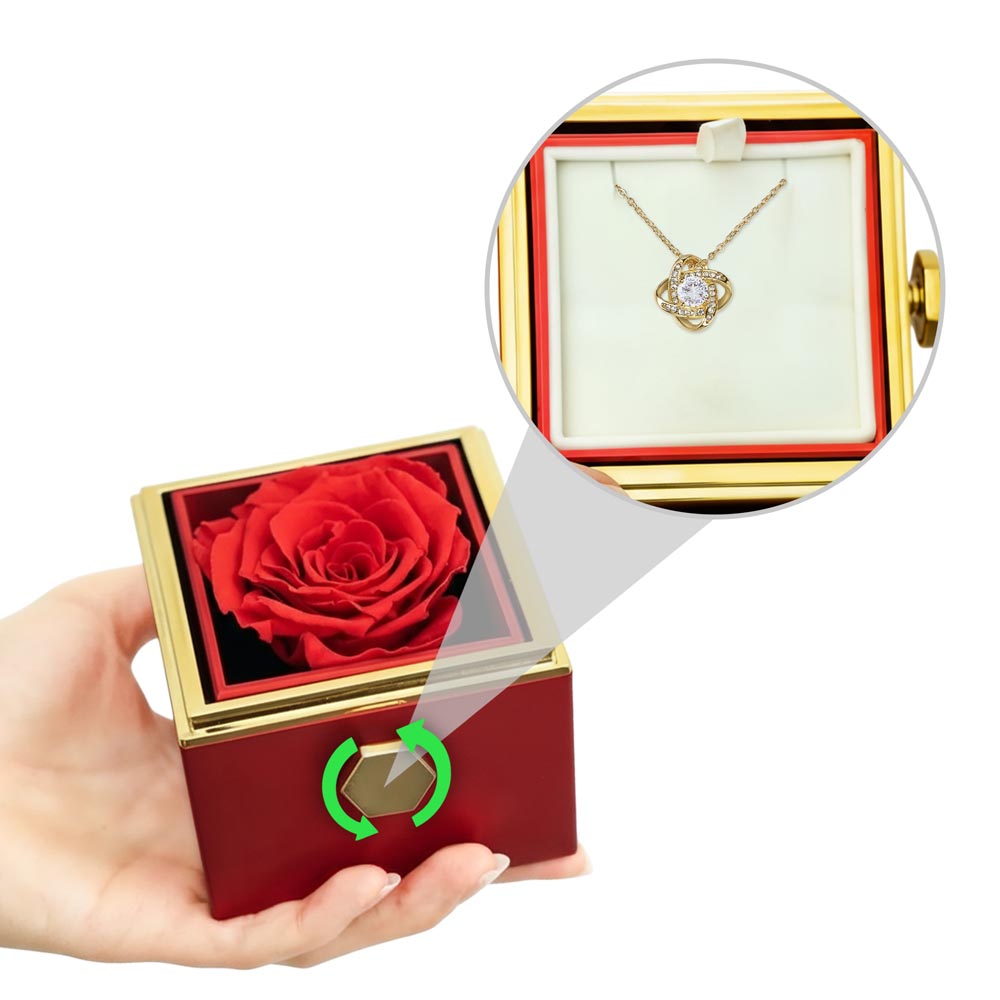 Love Knot Necklace with Rotating Rose Gift Box – Symbol of Eternal Love & Elegant Surprise for Her