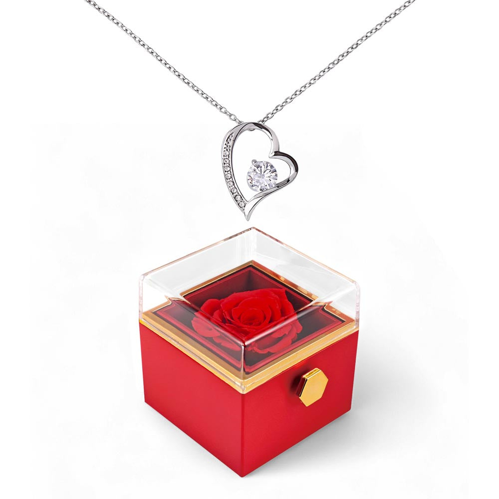 Forever Love Necklace with Rotating Rose Gift Box – Romantic Heart Pendant Gift for Her