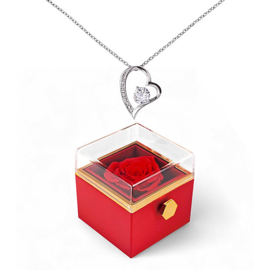 Forever Love Necklace with Rotating Rose Gift Box – Romantic Heart Pendant Gift for Her