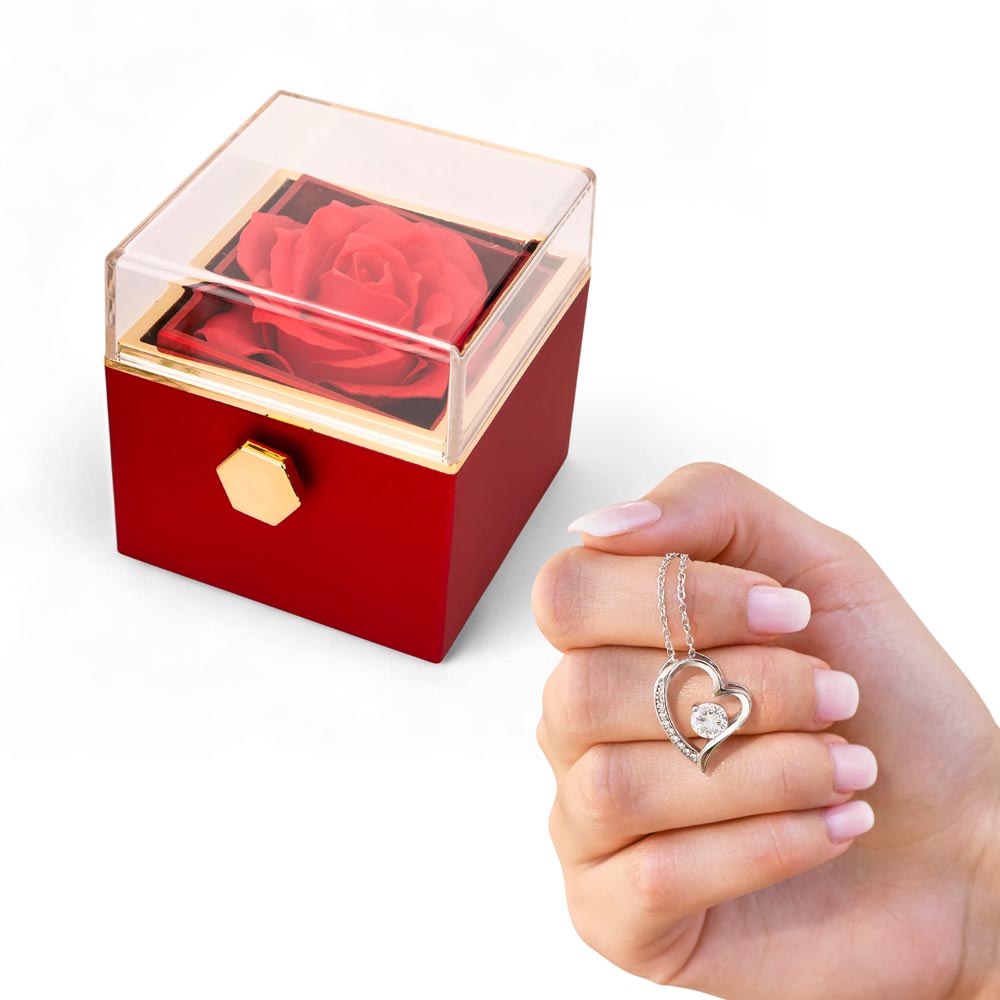 Forever Love Necklace with Rotating Rose Gift Box – Romantic Heart Pendant Gift for Her