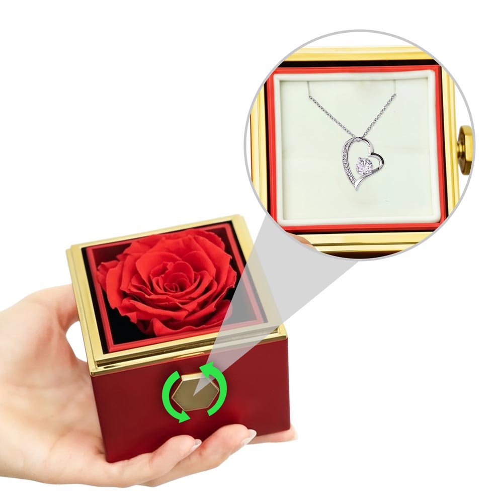 Forever Love Necklace with Rotating Rose Gift Box – Romantic Heart Pendant Gift for Her