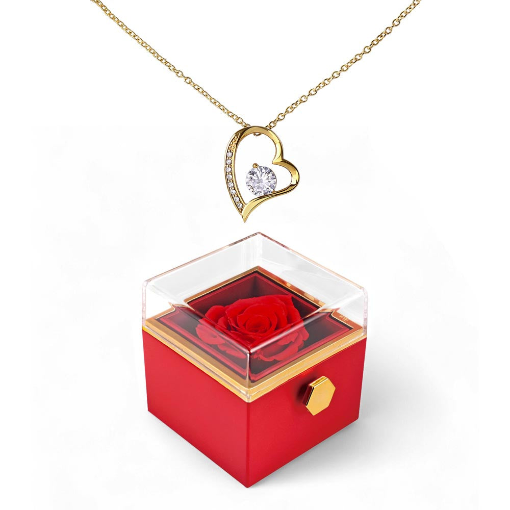 Forever Love Necklace with Rotating Rose Gift Box – Romantic Heart Pendant Gift for Her