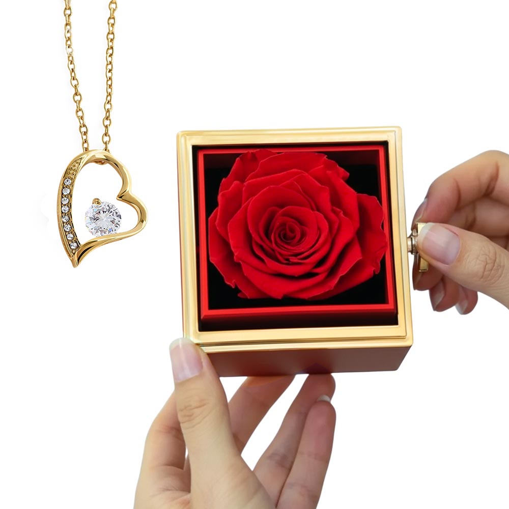 Forever Love Necklace with Rotating Rose Gift Box – Romantic Heart Pendant Gift for Her
