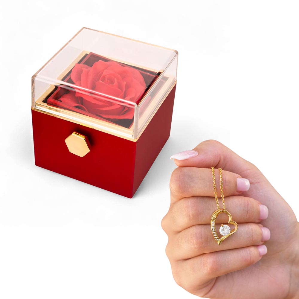 Forever Love Necklace with Rotating Rose Gift Box – Romantic Heart Pendant Gift for Her