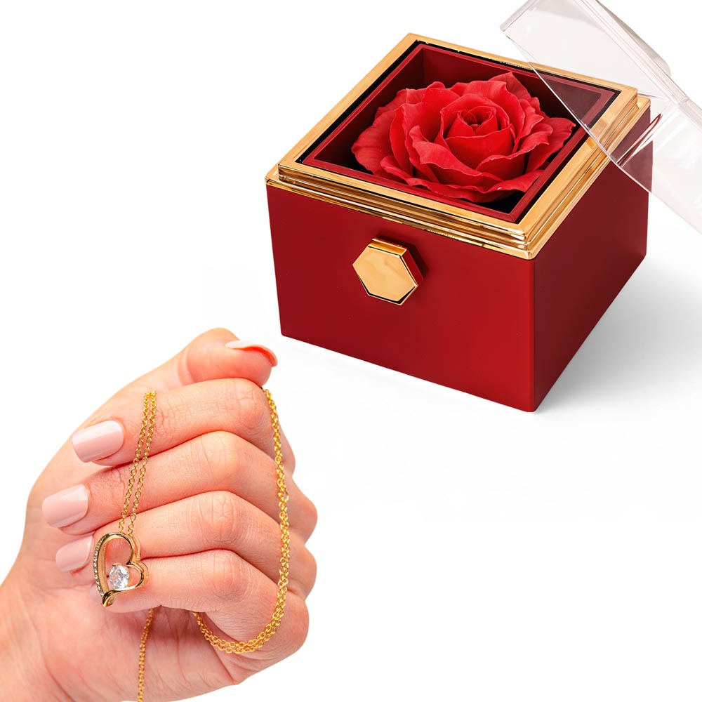 Forever Love Necklace with Rotating Rose Gift Box – Romantic Heart Pendant Gift for Her