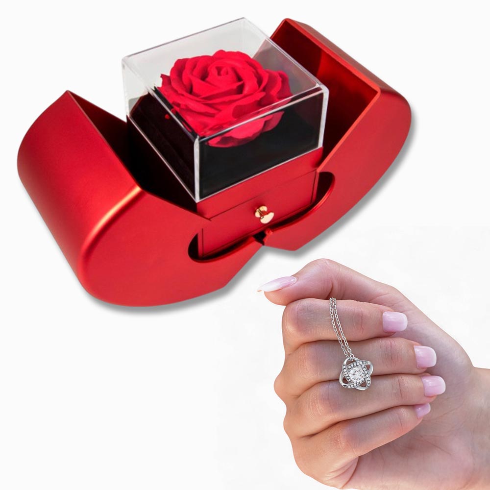 Love Knot Necklace with Red Heart & Rose Gift Box – Elegant Romantic Gift for Her