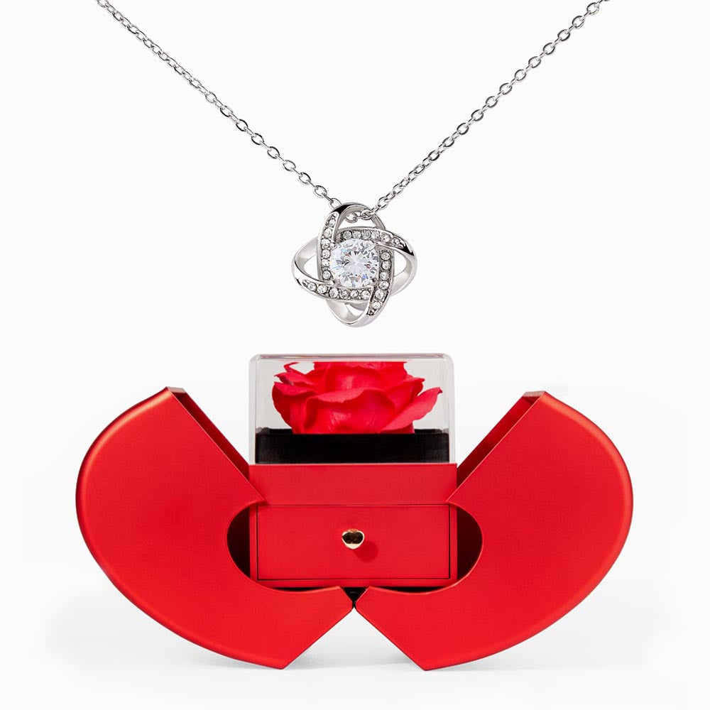 Love Knot Necklace with Red Heart & Rose Gift Box – Elegant Romantic Gift for Her