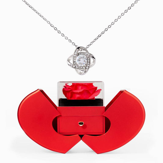 Love Knot Necklace with Red Heart & Rose Gift Box – Elegant Romantic Gift for Her