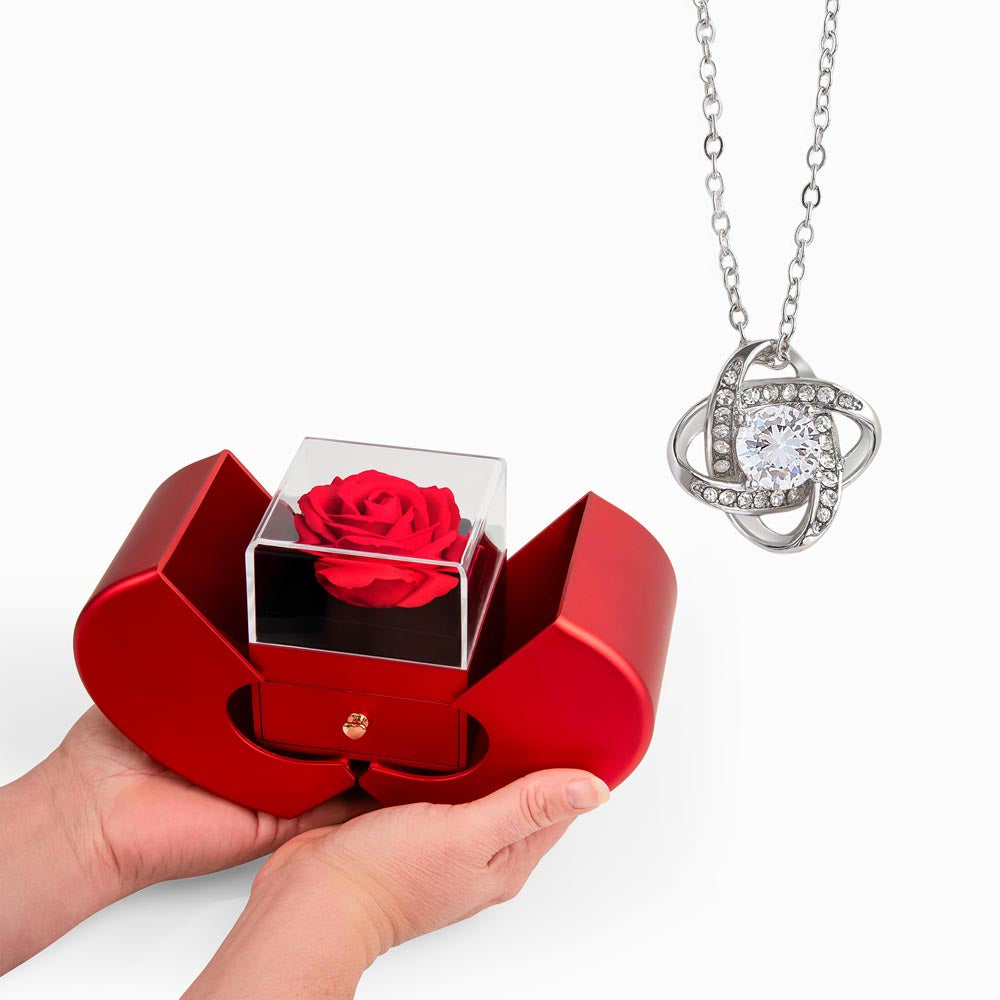 Love Knot Necklace with Red Heart & Rose Gift Box – Elegant Romantic Gift for Her