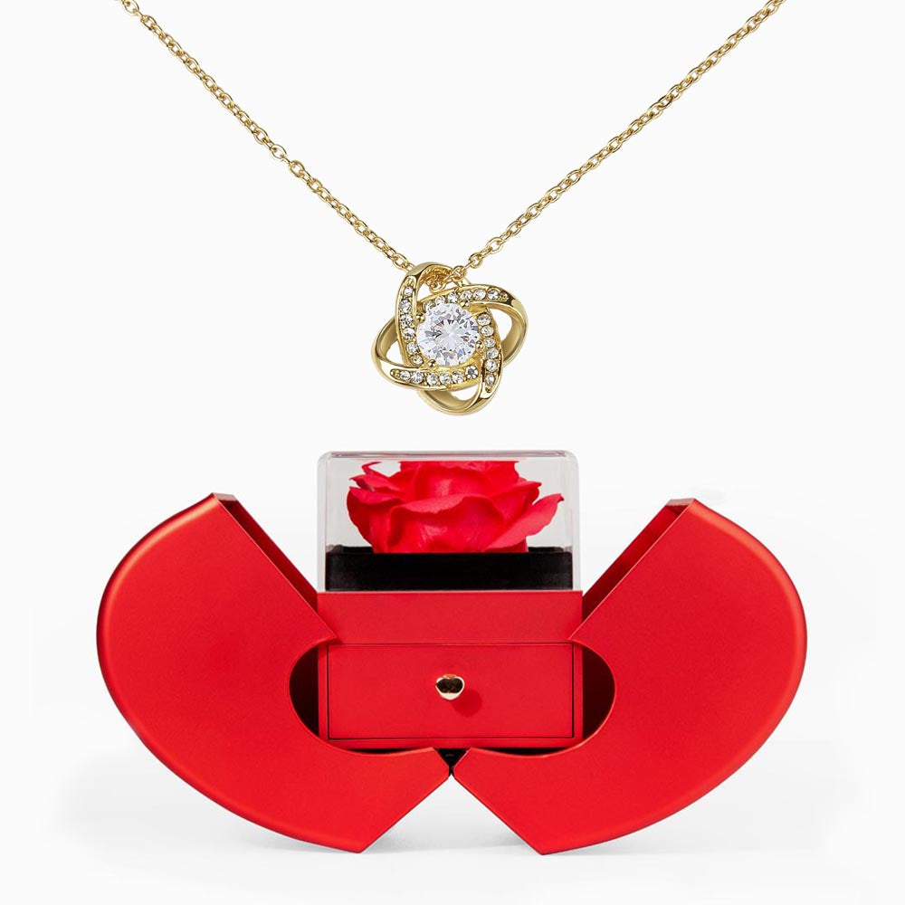 Love Knot Necklace with Red Heart & Rose Gift Box – Elegant Romantic Gift for Her