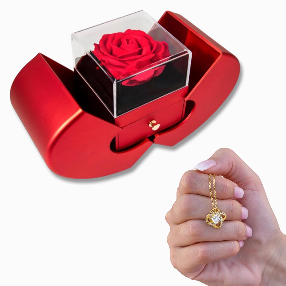 Love Knot Necklace with Red Heart & Rose Gift Box – Elegant Romantic Gift for Her