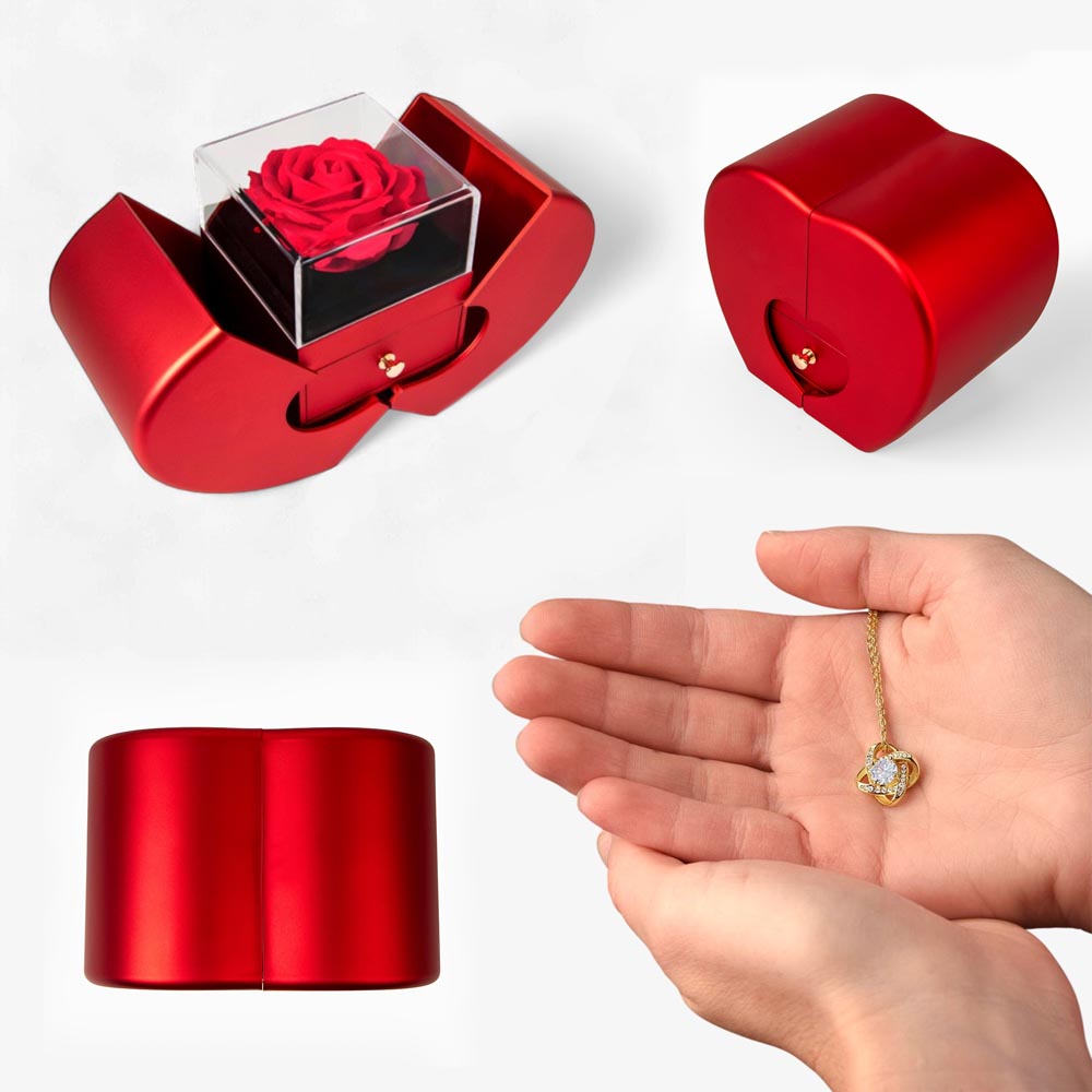 Love Knot Necklace with Red Heart & Rose Gift Box – Elegant Romantic Gift for Her