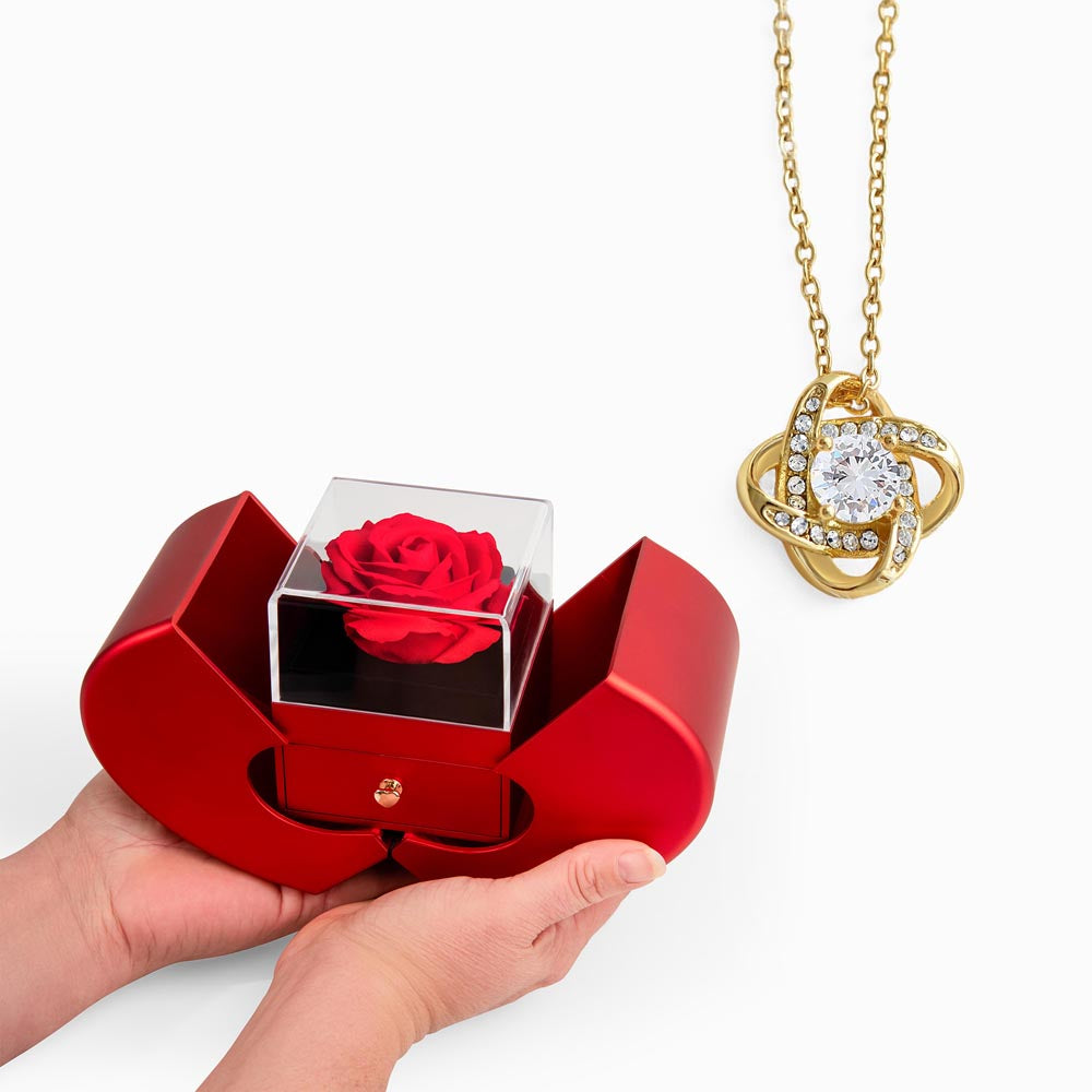 Love Knot Necklace with Red Heart & Rose Gift Box – Elegant Romantic Gift for Her