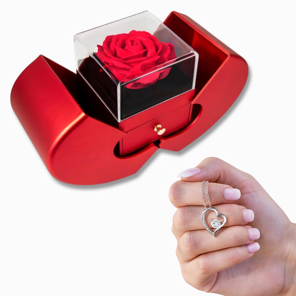 Forever Love Necklace with Red Heart & Rose Gift Box – Elegant Romantic Gift for Her