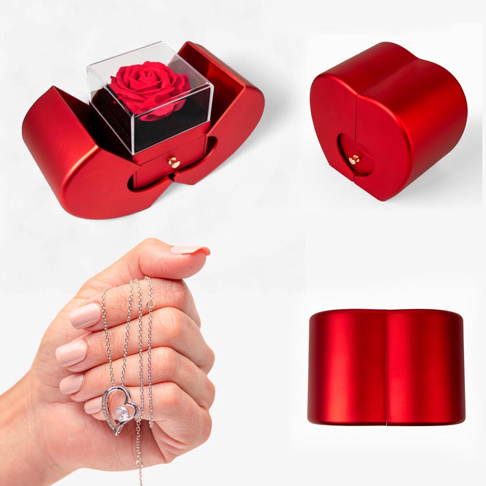 Forever Love Necklace with Red Heart & Rose Gift Box – Elegant Romantic Gift for Her