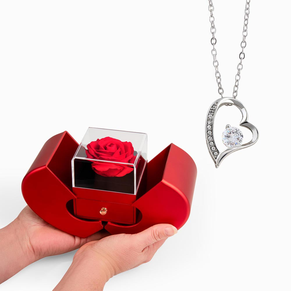 Forever Love Necklace with Red Heart & Rose Gift Box – Elegant Romantic Gift for Her