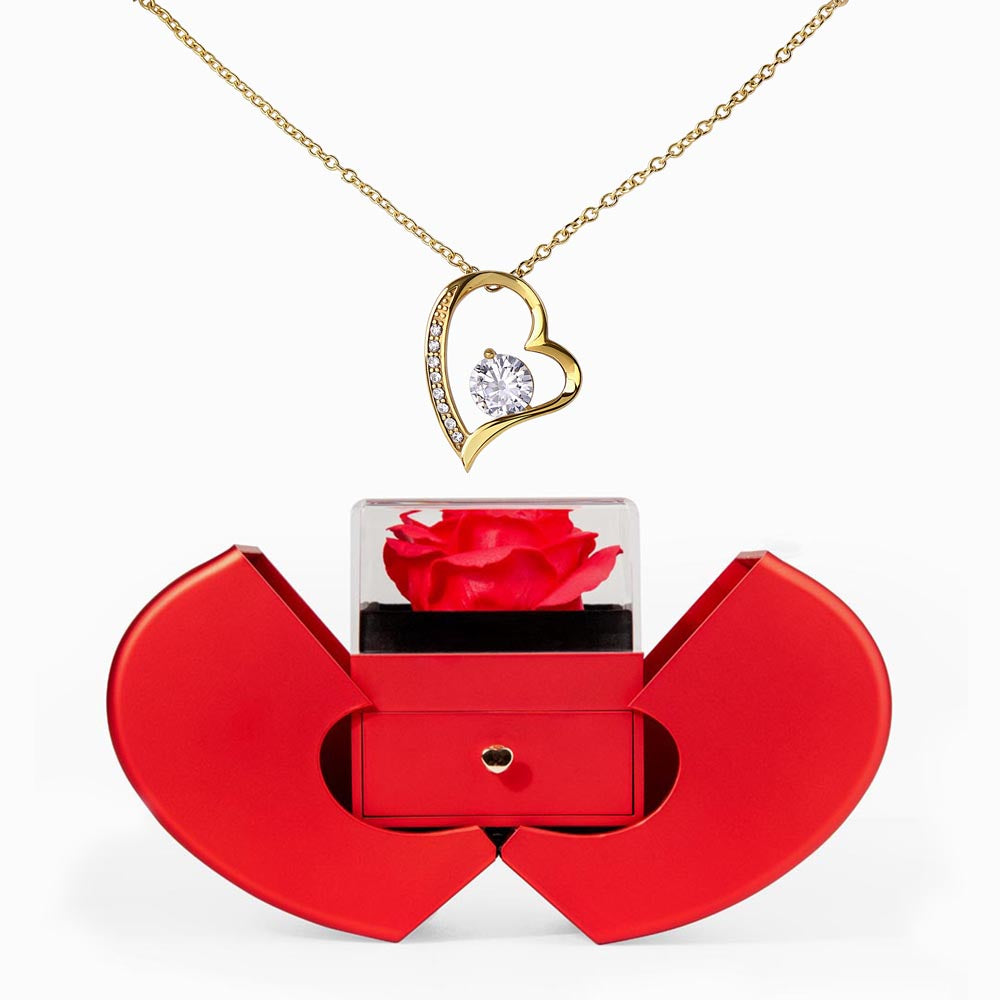 Forever Love Necklace with Red Heart & Rose Gift Box – Elegant Romantic Gift for Her