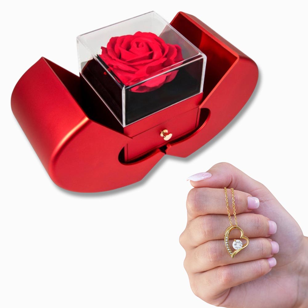 Forever Love Necklace with Red Heart & Rose Gift Box – Elegant Romantic Gift for Her