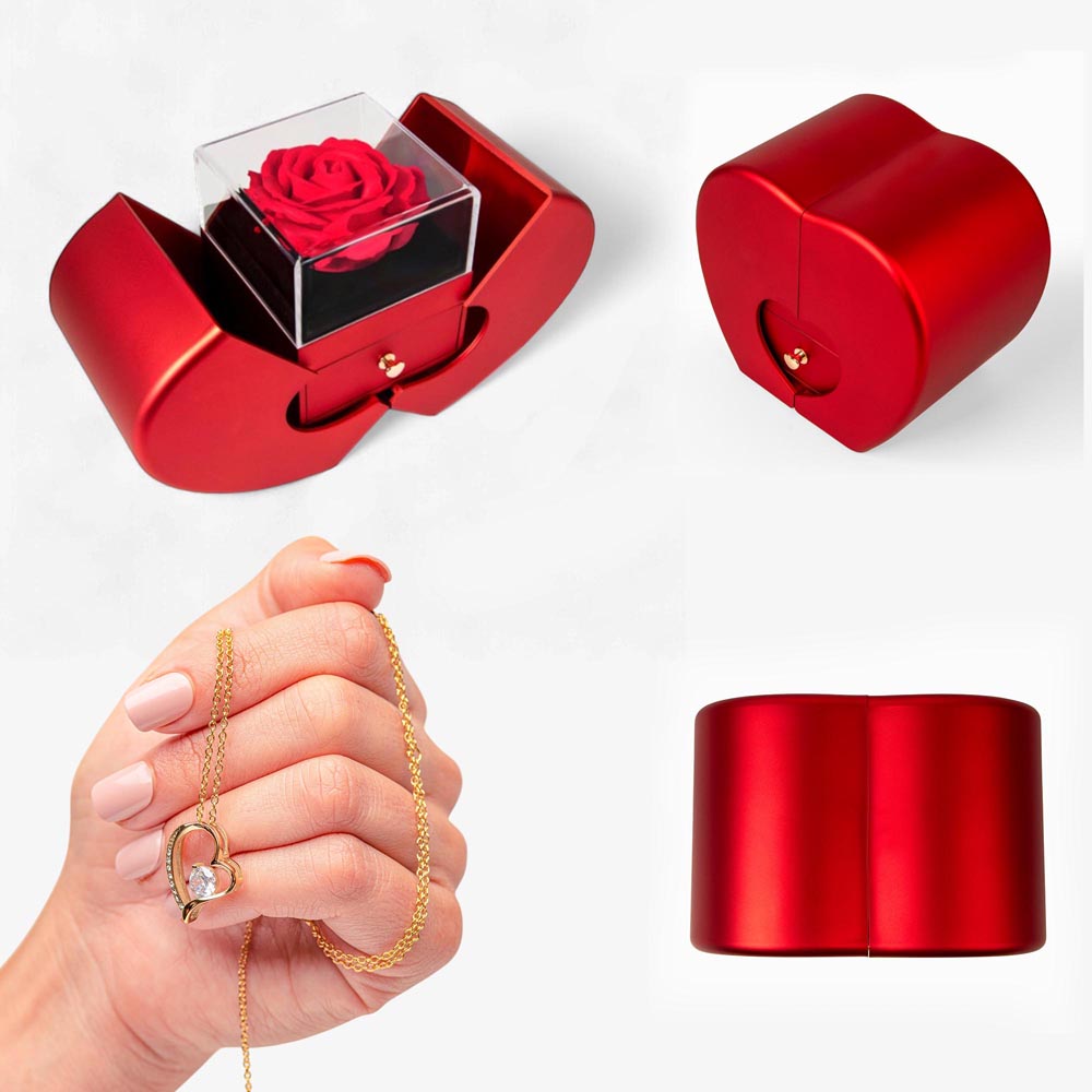 Forever Love Necklace with Red Heart & Rose Gift Box – Elegant Romantic Gift for Her