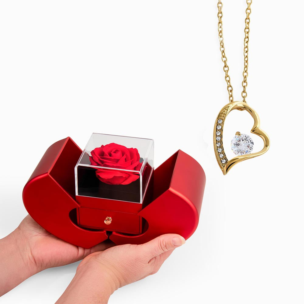 Forever Love Necklace with Red Heart & Rose Gift Box – Elegant Romantic Gift for Her