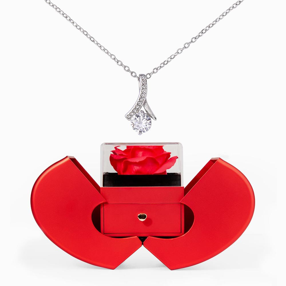 Enchanting Beauty Necklace with Red Heart & Rose Gift Box – Elegant Romantic Gift for Her