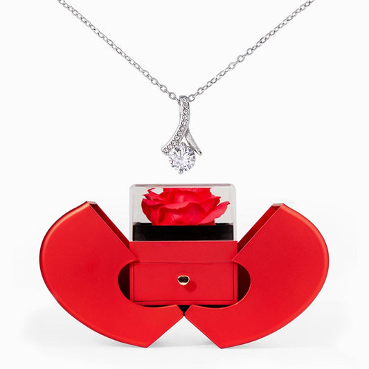 Enchanting Beauty Necklace with Red Heart & Rose Gift Box – Elegant Romantic Gift for Her