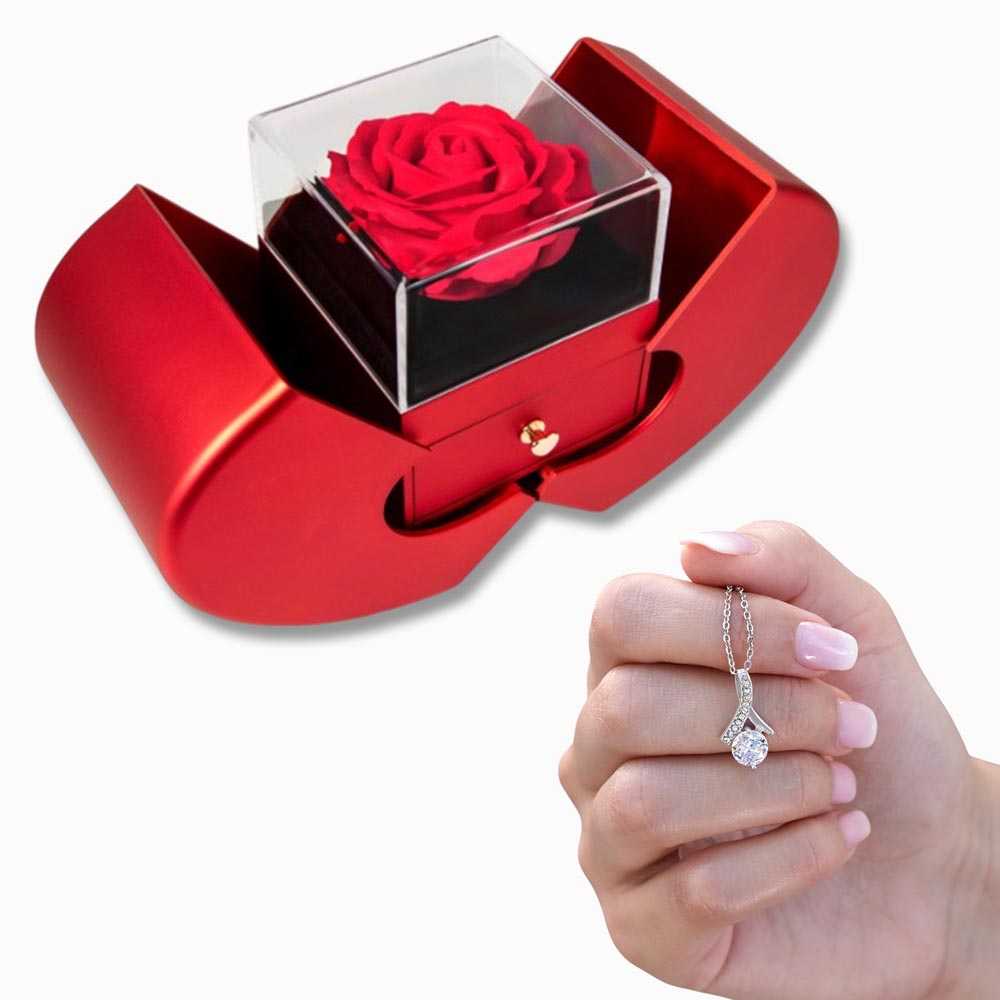 Enchanting Beauty Necklace with Red Heart & Rose Gift Box – Elegant Romantic Gift for Her