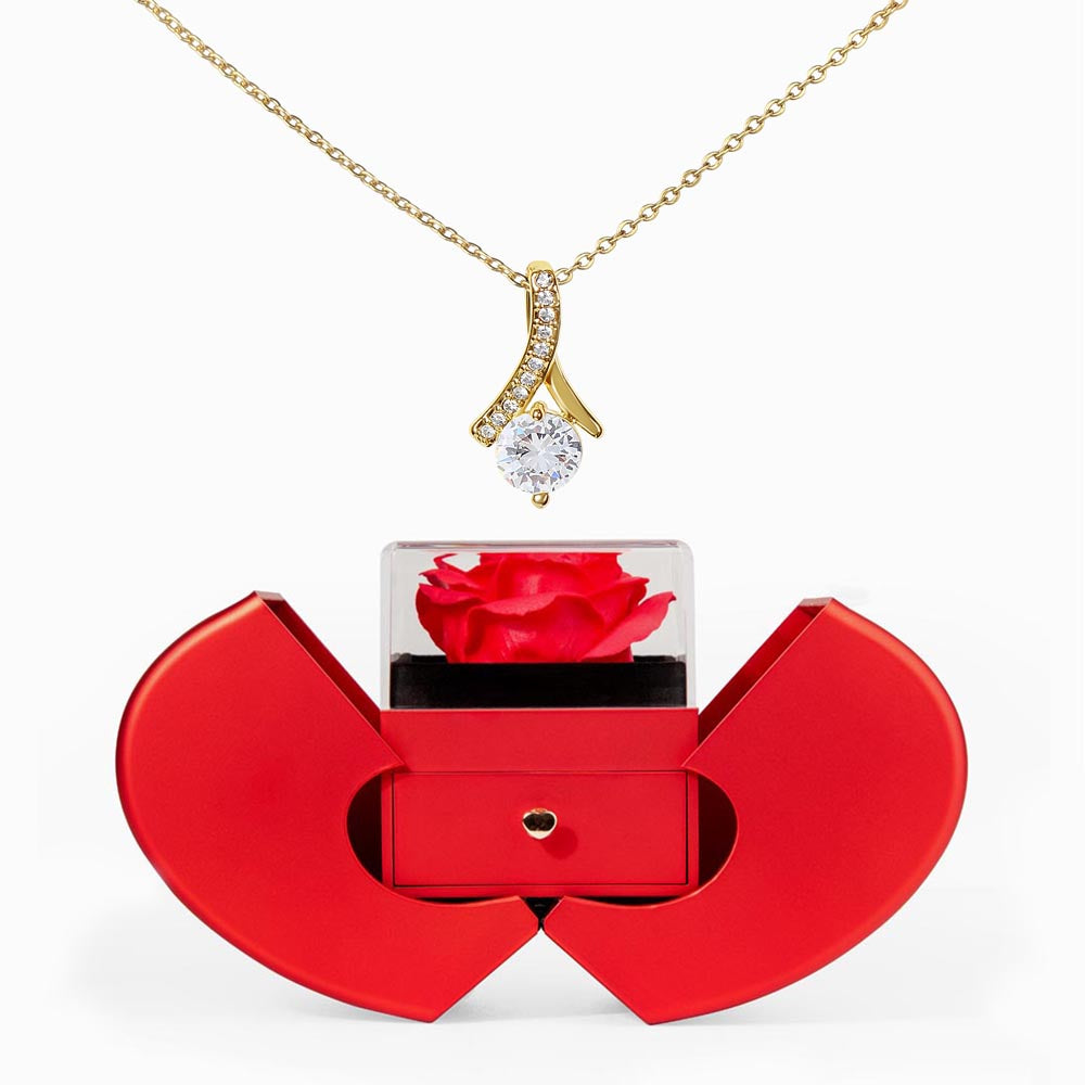 Enchanting Beauty Necklace with Red Heart & Rose Gift Box – Elegant Romantic Gift for Her